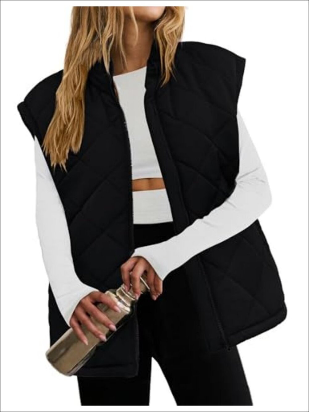 Oversized Quilted Puffer Vest Zip Up Stand Collar Sleeveless Warm
